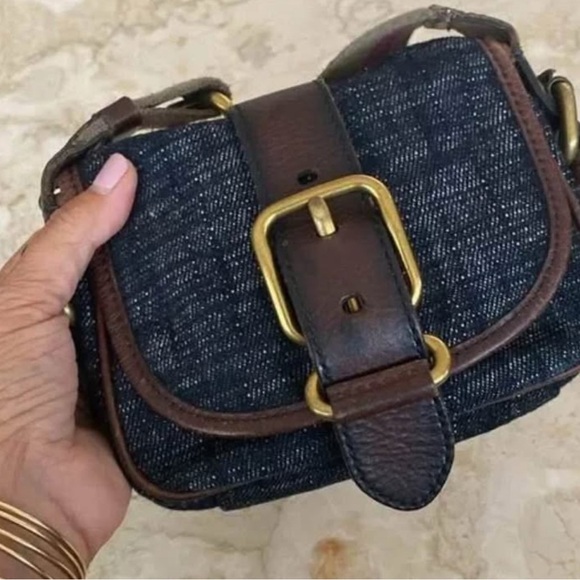 Fossil Handbags - Fossil Mini Dark Wash Denim Crossbody Bag w/ Brown Leather Trim & Brass Details